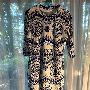 Blue and White Sheath Dress 3/4 Sleeve Crew Neck